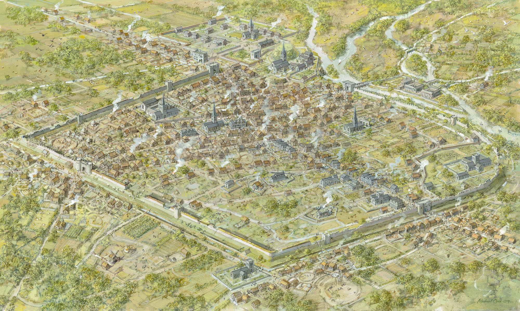 An artist impression of how Leicester looked around 1450 -