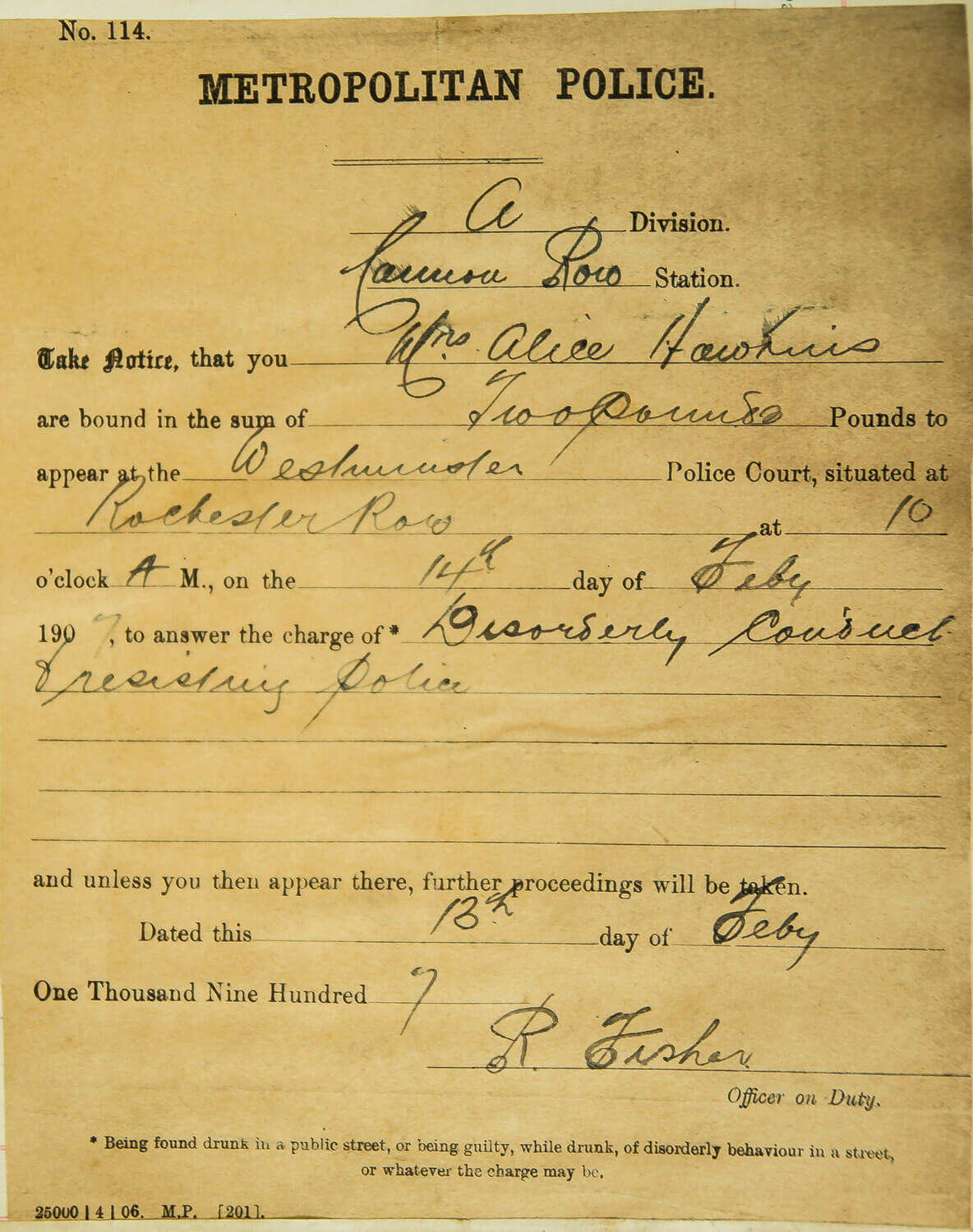 Alice Hawkins’ first bail warrant, 1909 -