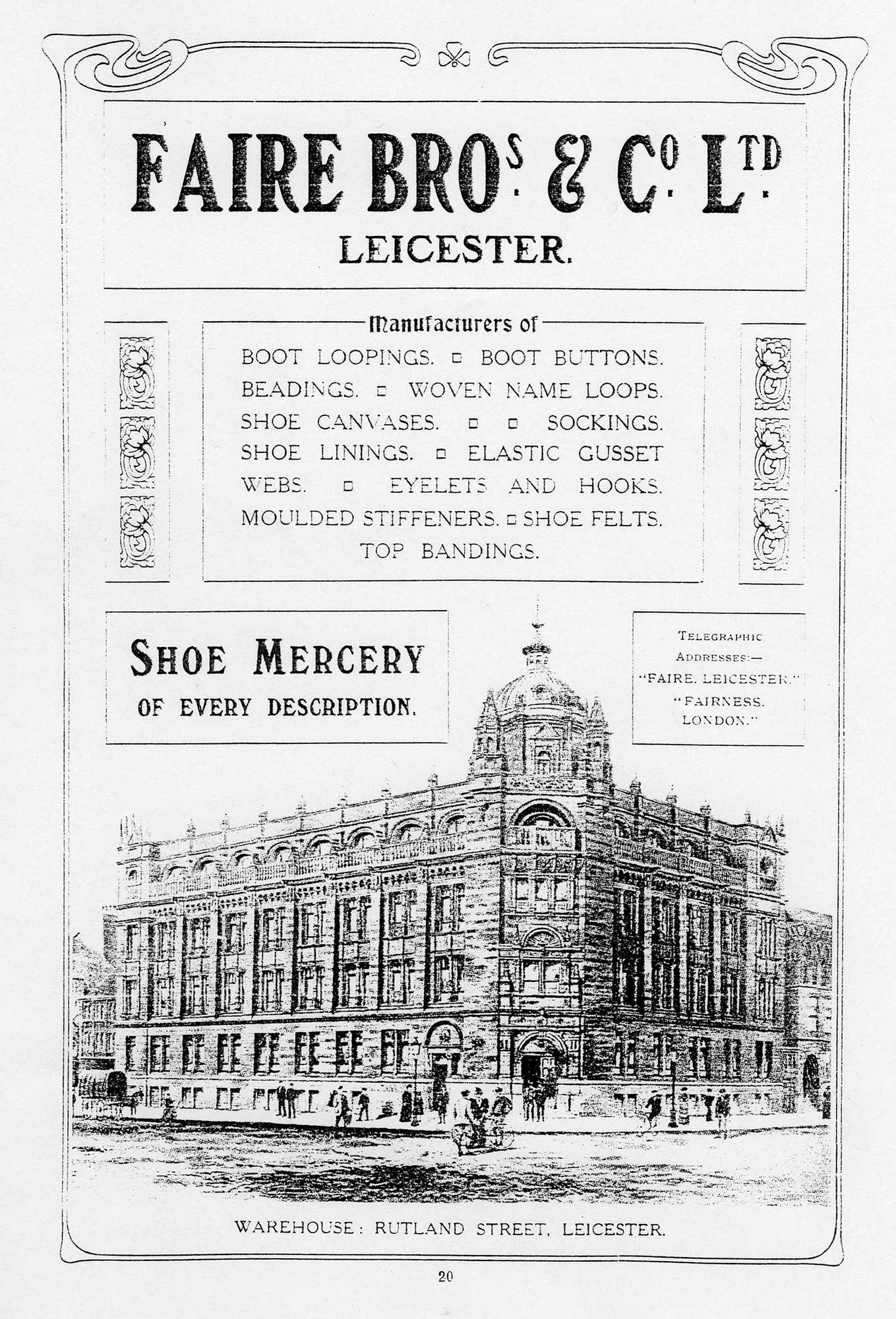 Advert for Faire Bros & Co Ltd with a drawing of Alexandra House -