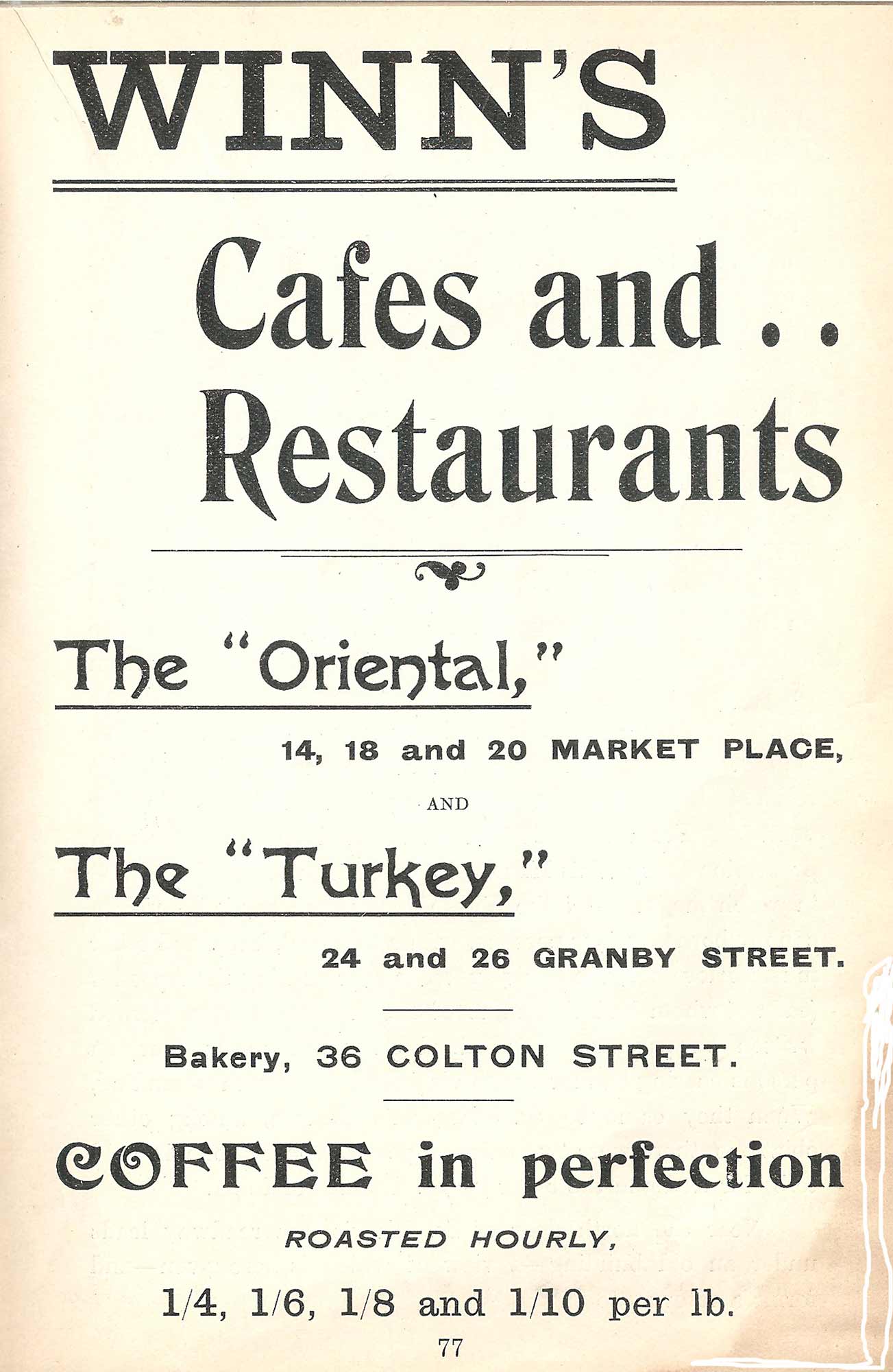 An advert for ‘Winn’s’ who owned the Turkey Café at one time -
