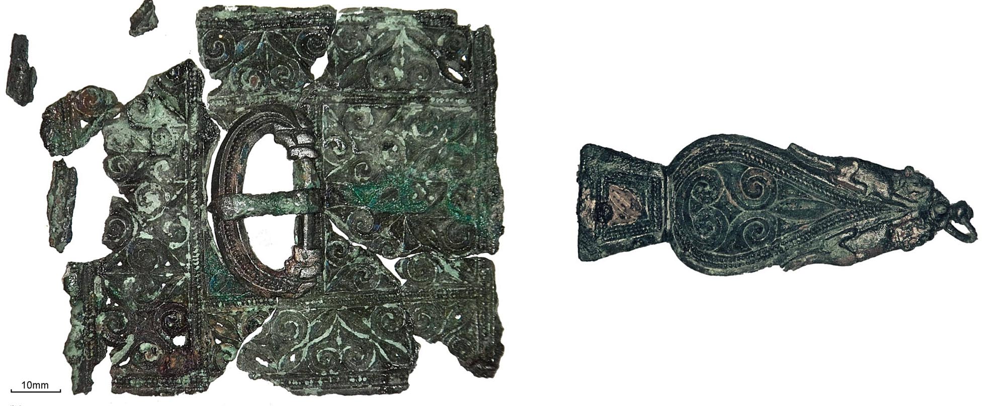 A late Roman belt set, comprising a belt buckle, belt plate and strap end, found in a grave of a late 4th century Roman soldier or civil servant. Found near Western Road, Leicester - University of Leicester Archaeological Services