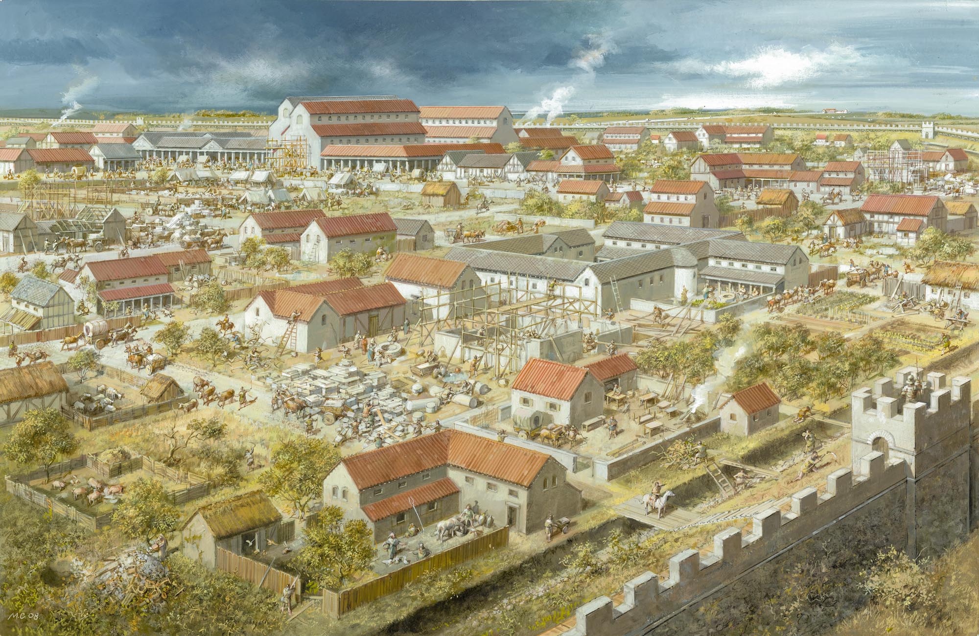 Roman Leicester from the north-east as it may have looked during the late 3rd century CE - Mike Codd  / University of Leicester Archaeological Services