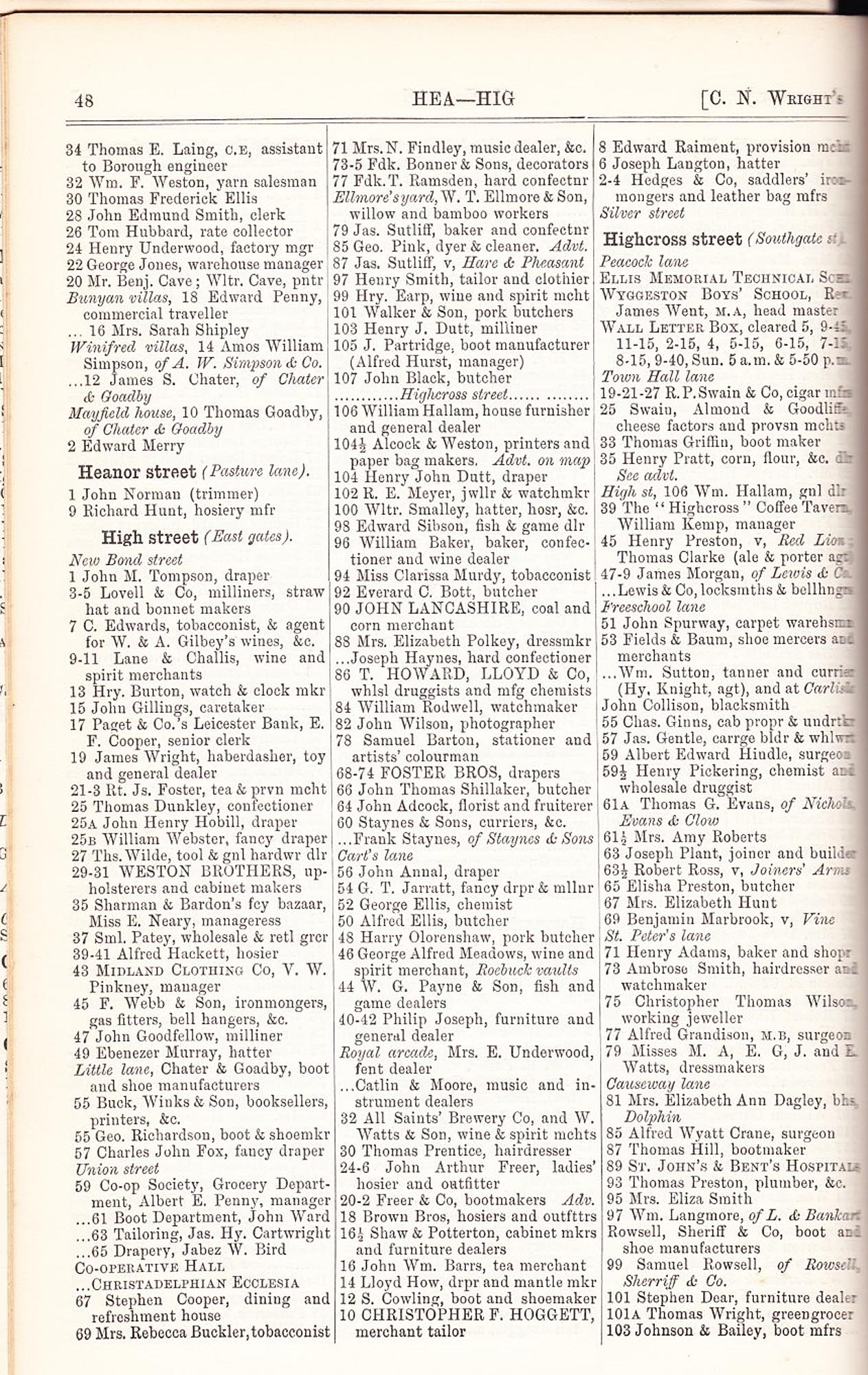 Wrights Directory listing businesses on High Street in 1892 -