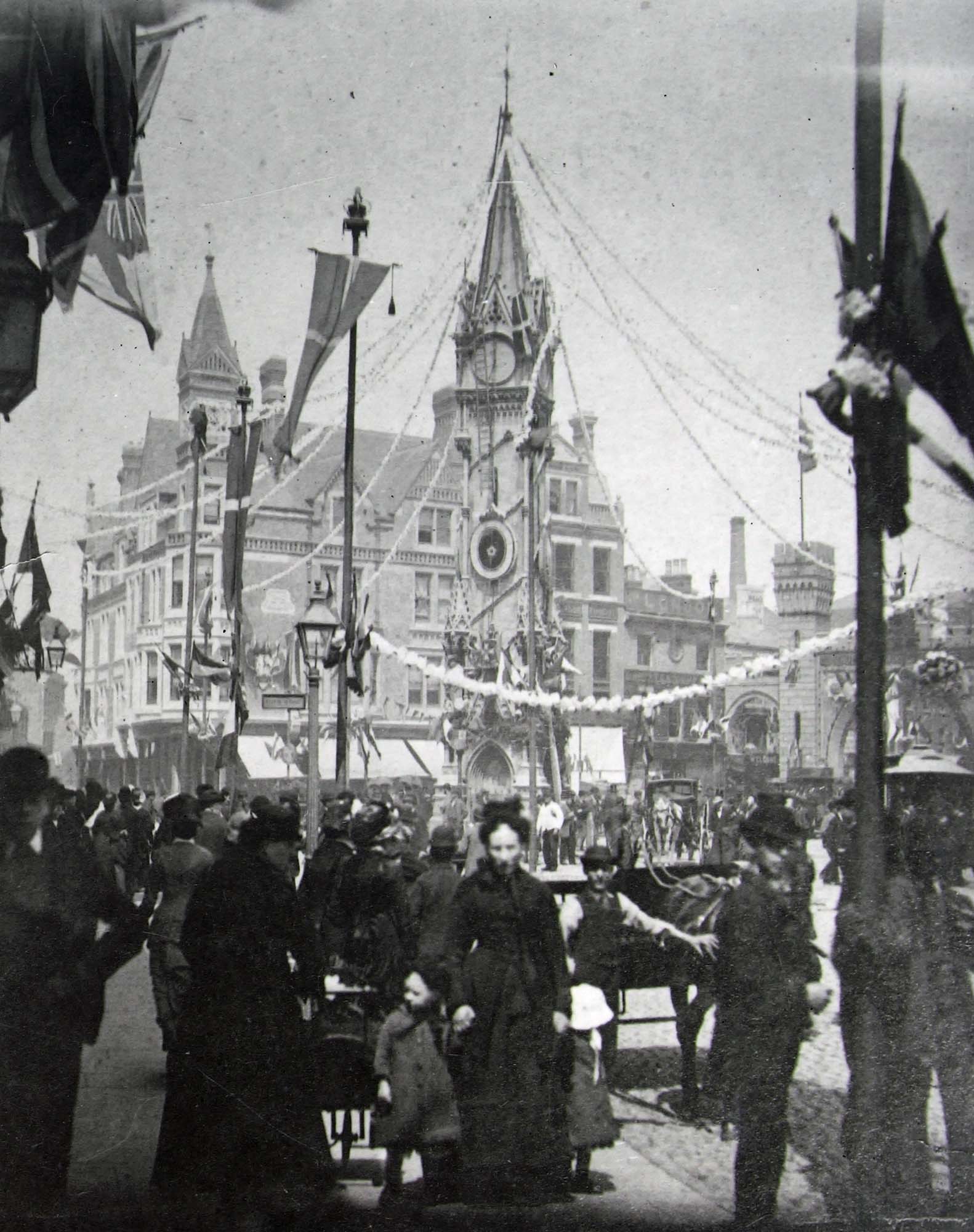 Decorations on the Clock Tower for the coronation of King Edward VII 1901 - Leicestershire Record Office