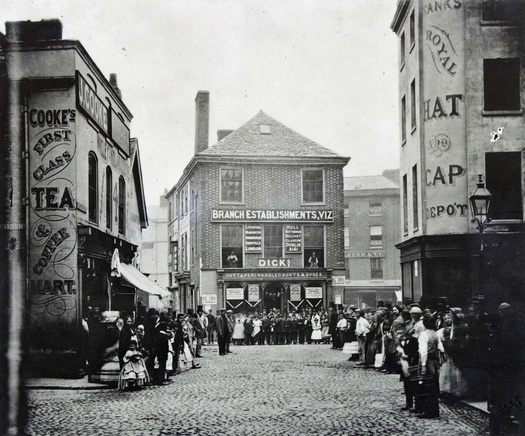 The building in the centre was demolished to create the space to build the Clock Tower. Photograph c.1860s - Leicestershire Record Office