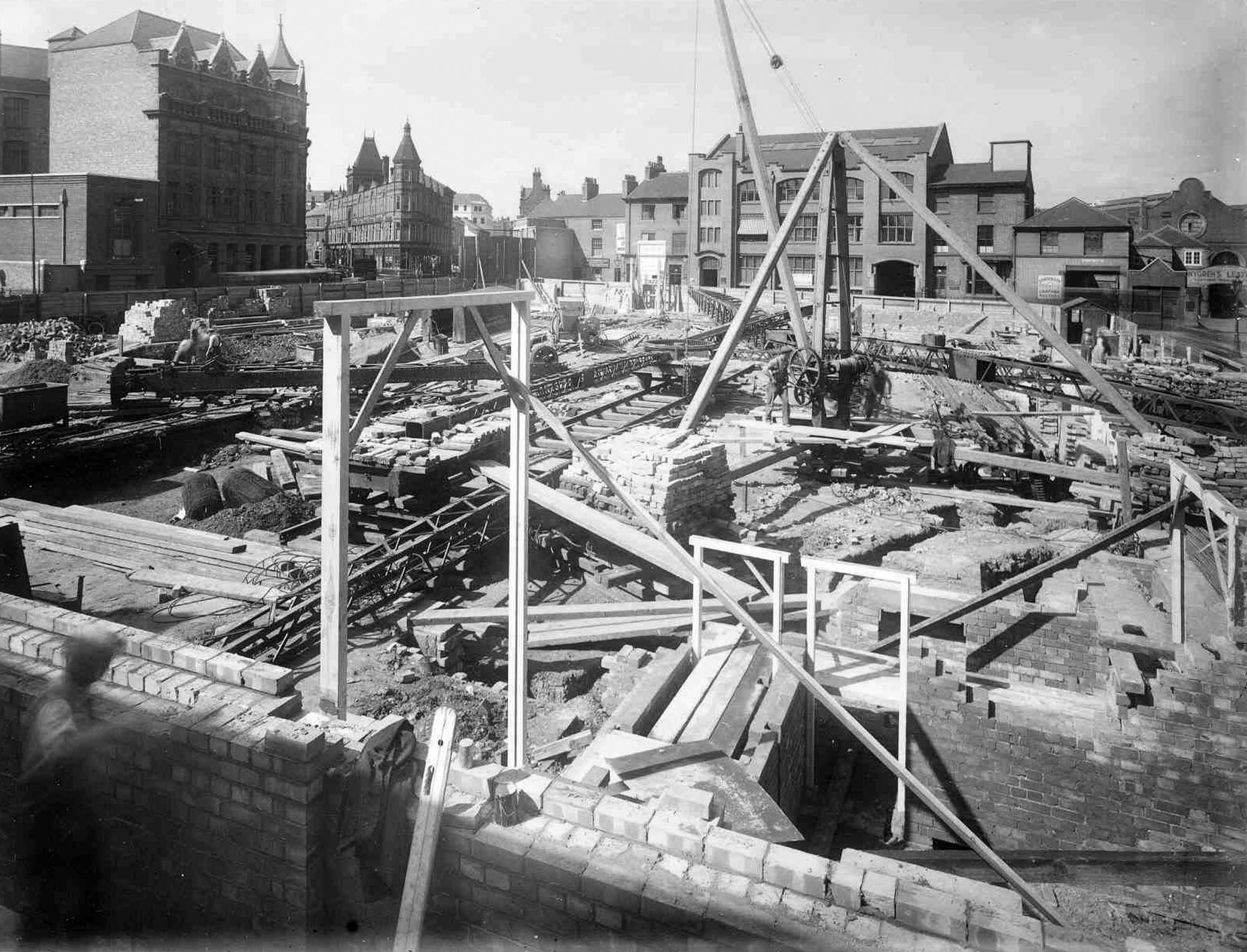 Looking from the rear of the construction site up towards Charles Street, 1937 - Affective Digital Histories, University of Leicester
