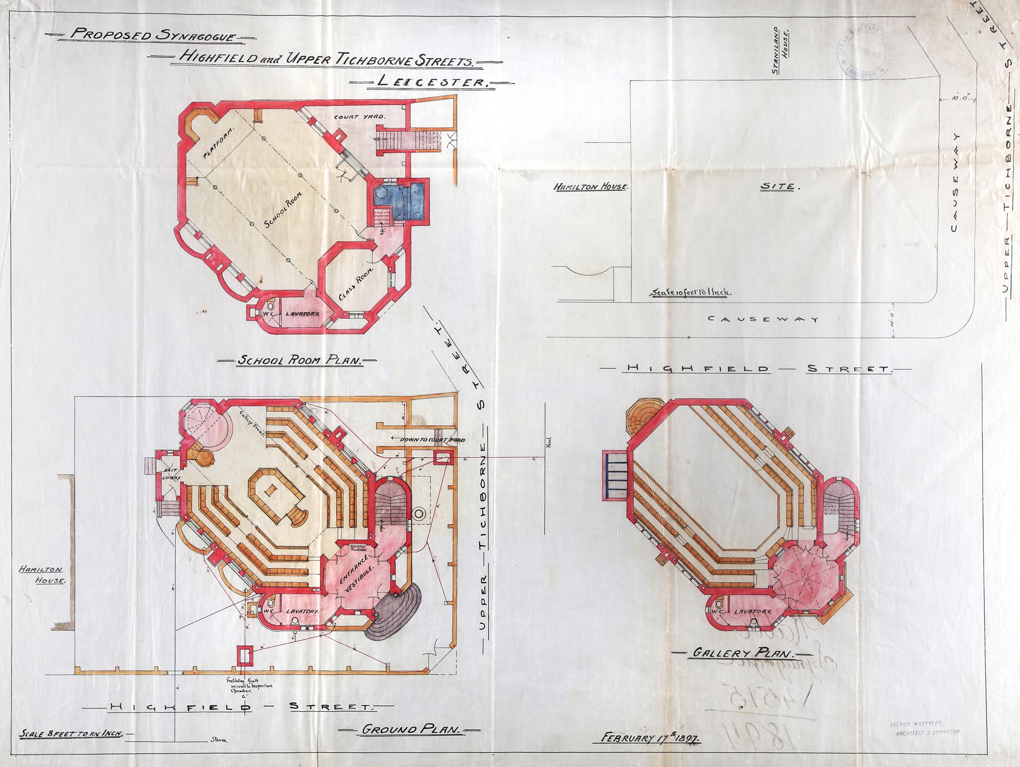 Architectural plans for the synagogue, designed by Arthur Wakerley -