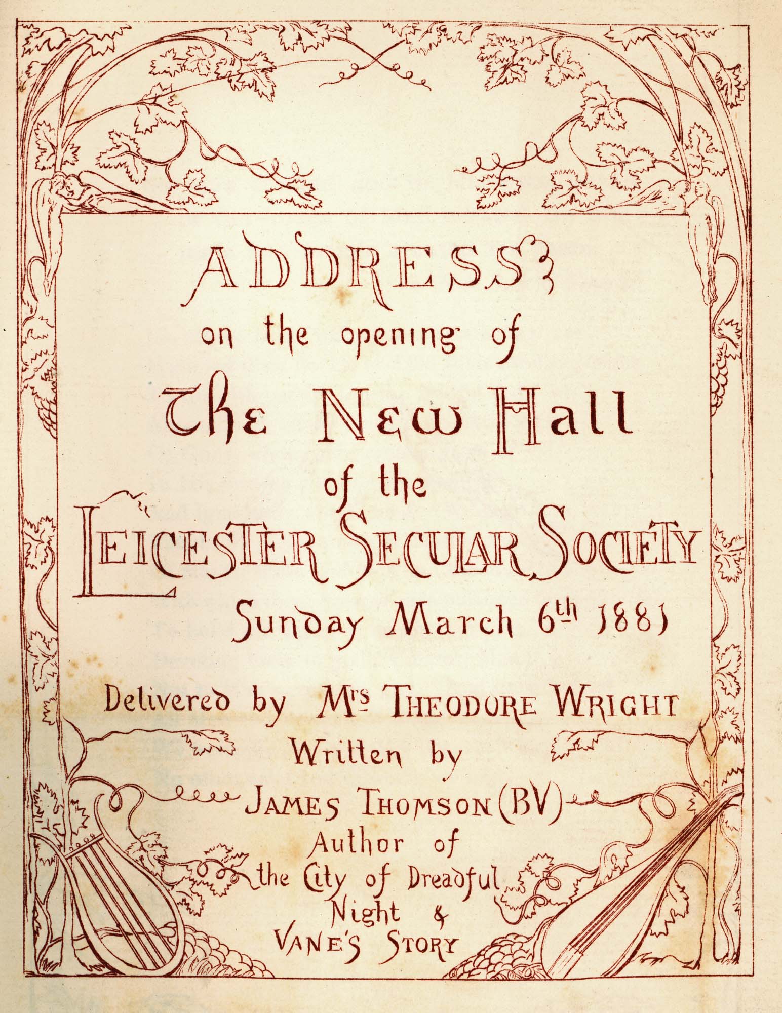 A leaflet to advertise the opening address at the Secular Hall, 1881 -