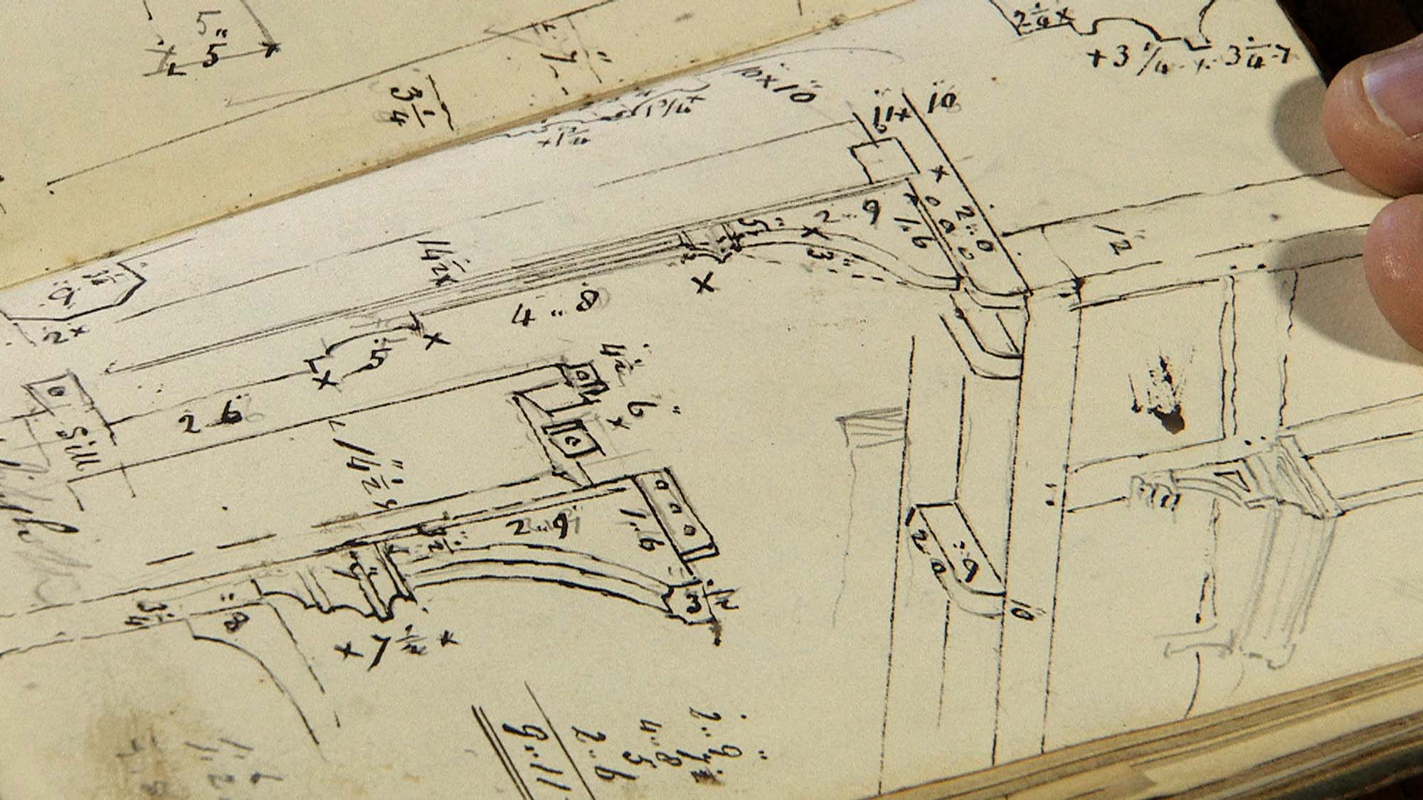 Detail of a page from Henry Goddard’s notebook containing detailed, annotated drawings of every part of the inn, down to the last quarter-inch - The Goddard family/University of Leicester