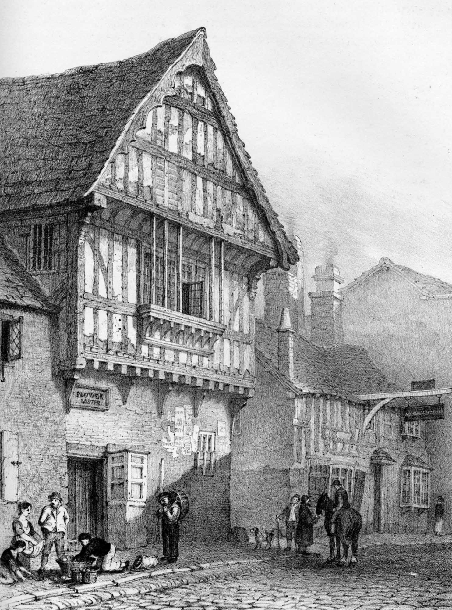A 19th-century lithograph of the blue Boar Inn on Highcross Street, by Leicester artist John Flower - University of Leicester Library Special Collections
