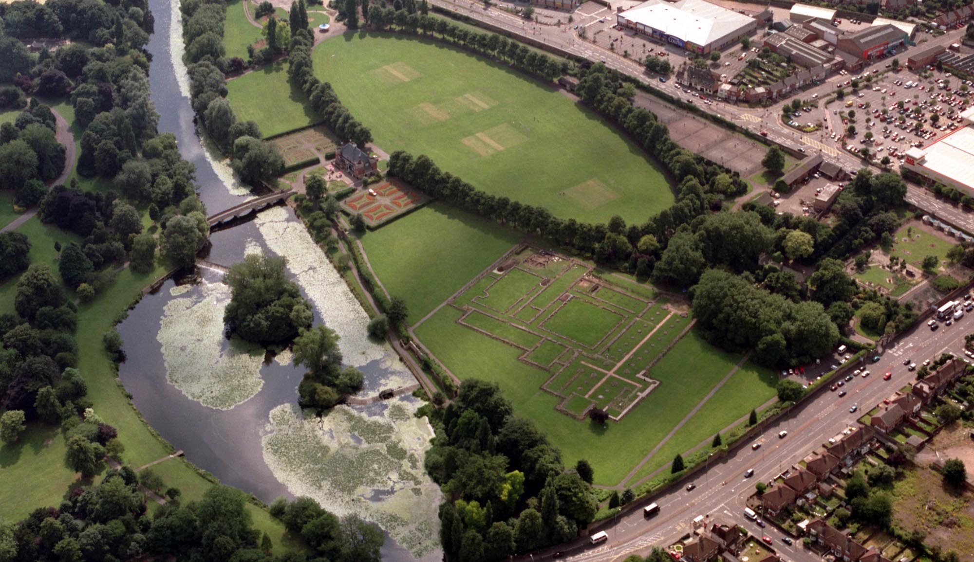 Aerial photograph of the site of Leicester Abbey, taken during the 2003 season of excavations, viewing to the south-west -