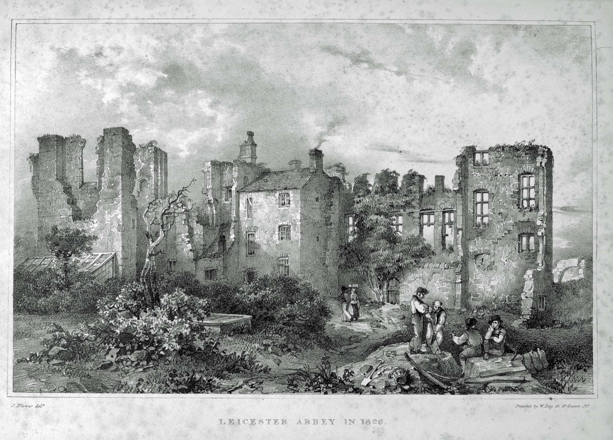 Leicester Abbey in 1826, print by John Flower -