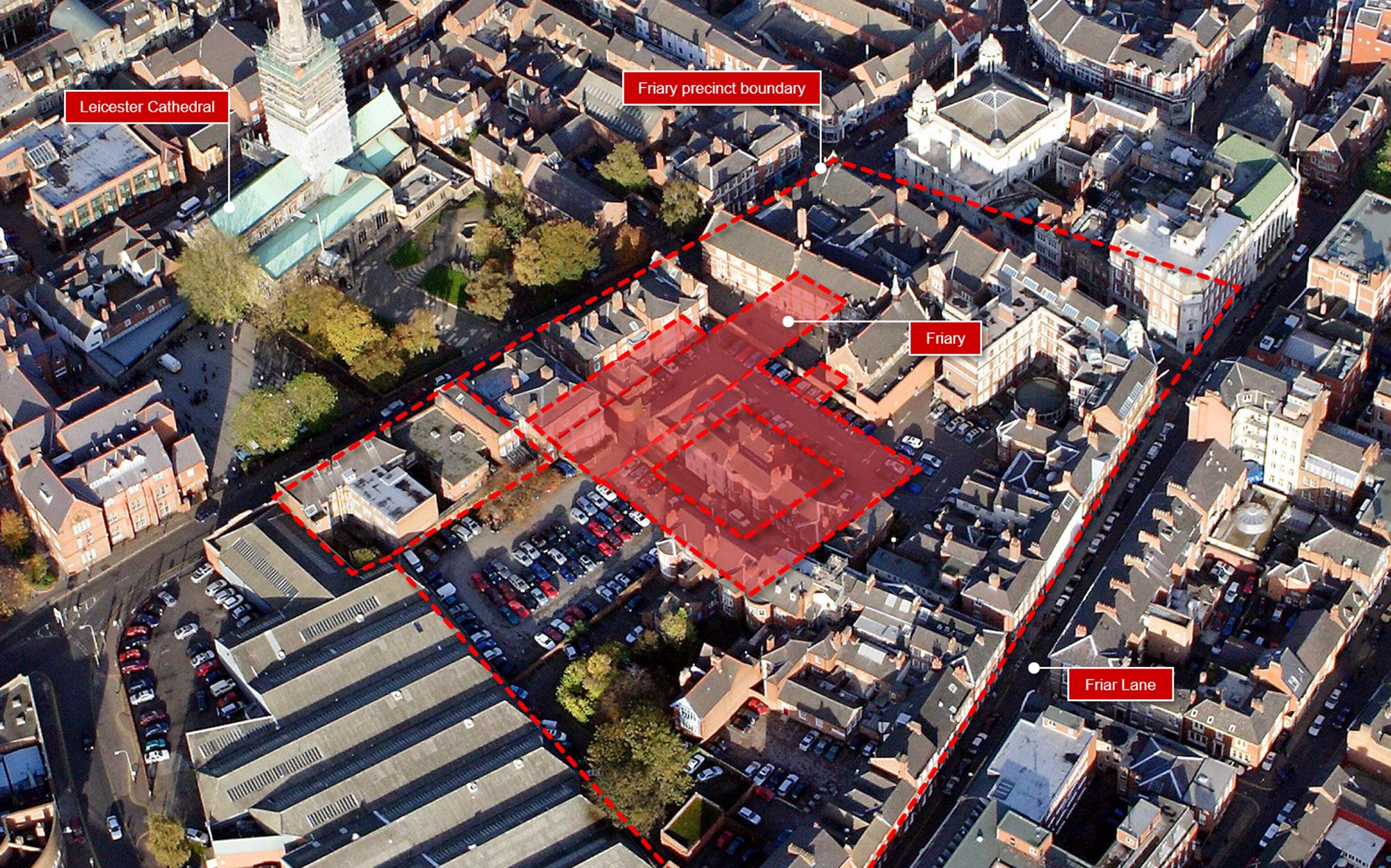 Aerial view of the Grey Friars site today, showing the location of the friary, looking north-west - University of Leicester Archaeological Services