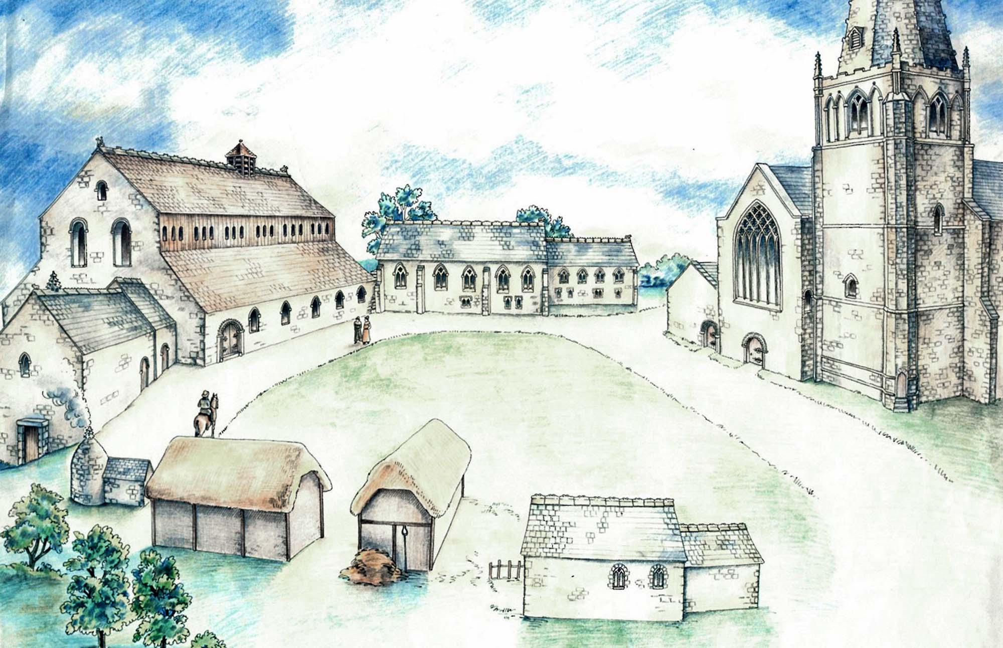 An artist’s impression of the bailey of Leicester Castle, viewed from the motte, as it may have looked c.1300 - Sarah Geeves