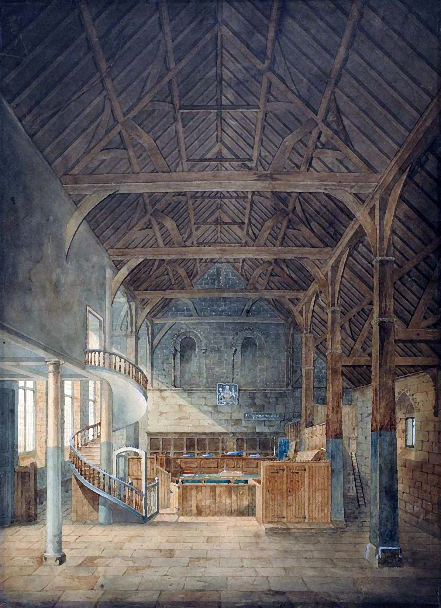 Henry Goddard’s painting of the interior of the Great Hall in 1821, before it was partitioned into separate court rooms - The Goddard Family