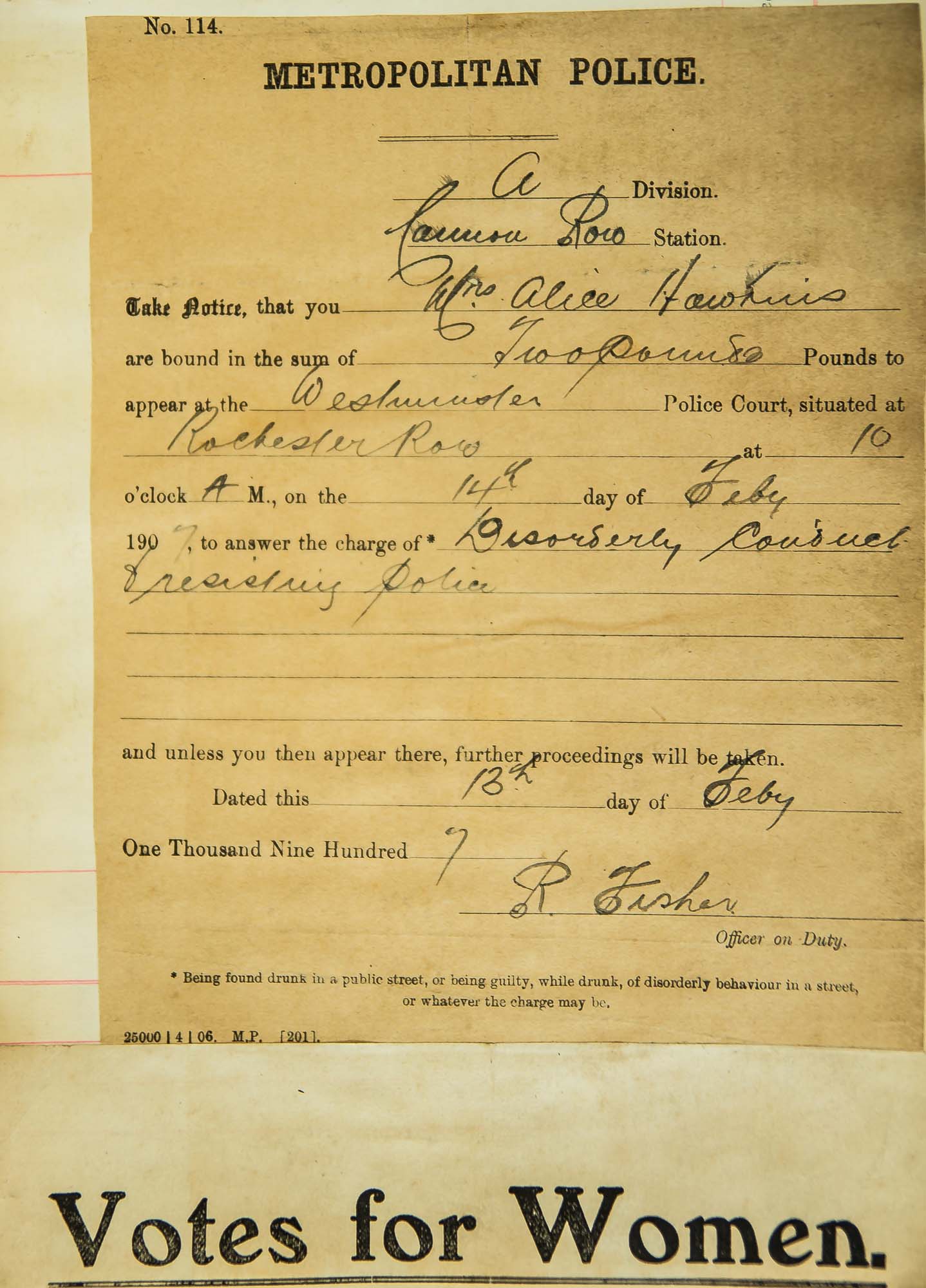 Alice Hawkins’ first bail warrant, 1909 -