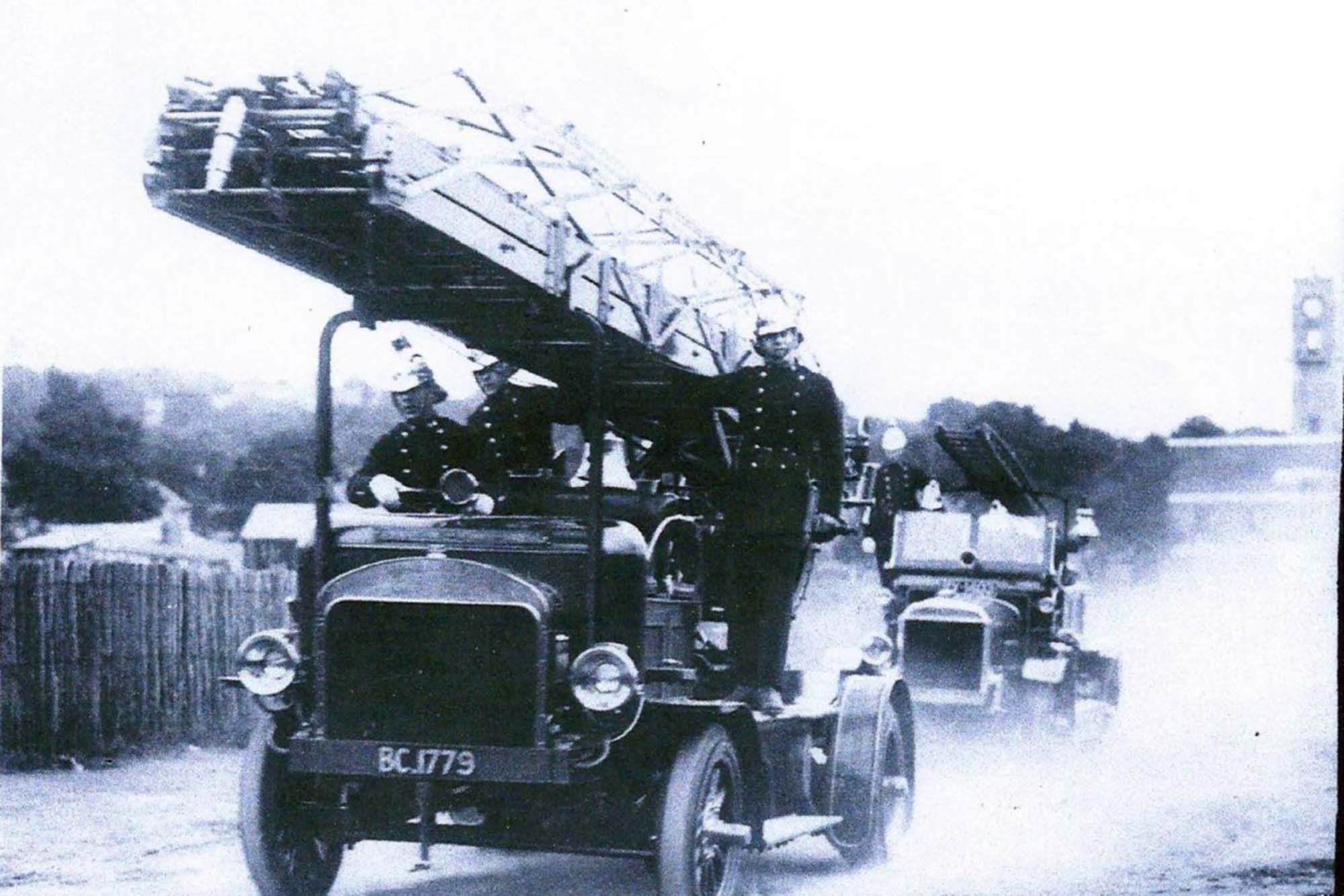 Demonstration of fire vehicles on the Central Station opening day 1927. The dust coming up from De Montfort Street, still a dirt track at the time - Malc Tovey