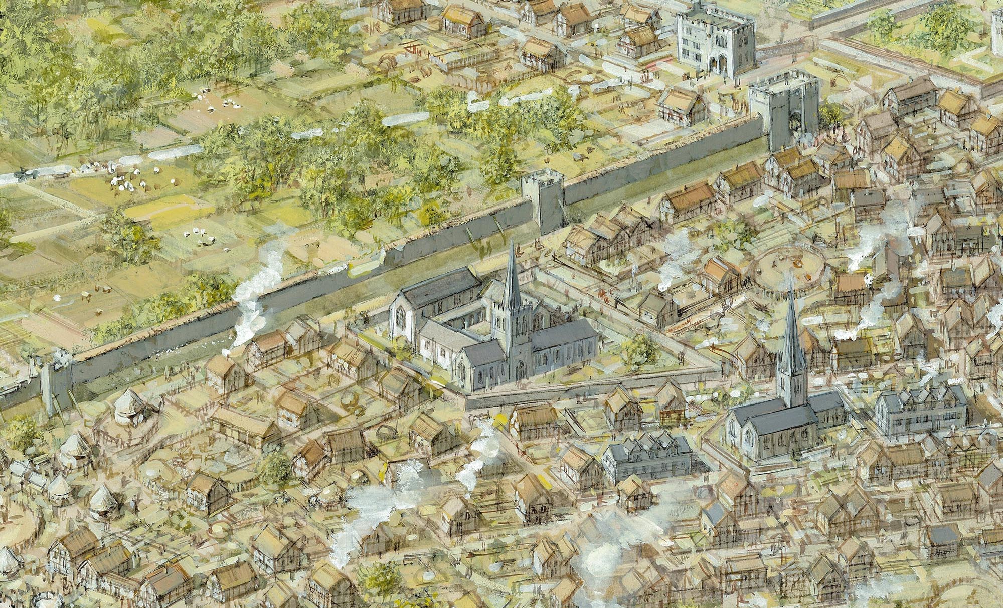 An artist impression of 15th Century Leicester - Mike Codd / University of Leicester Archaeological Services
