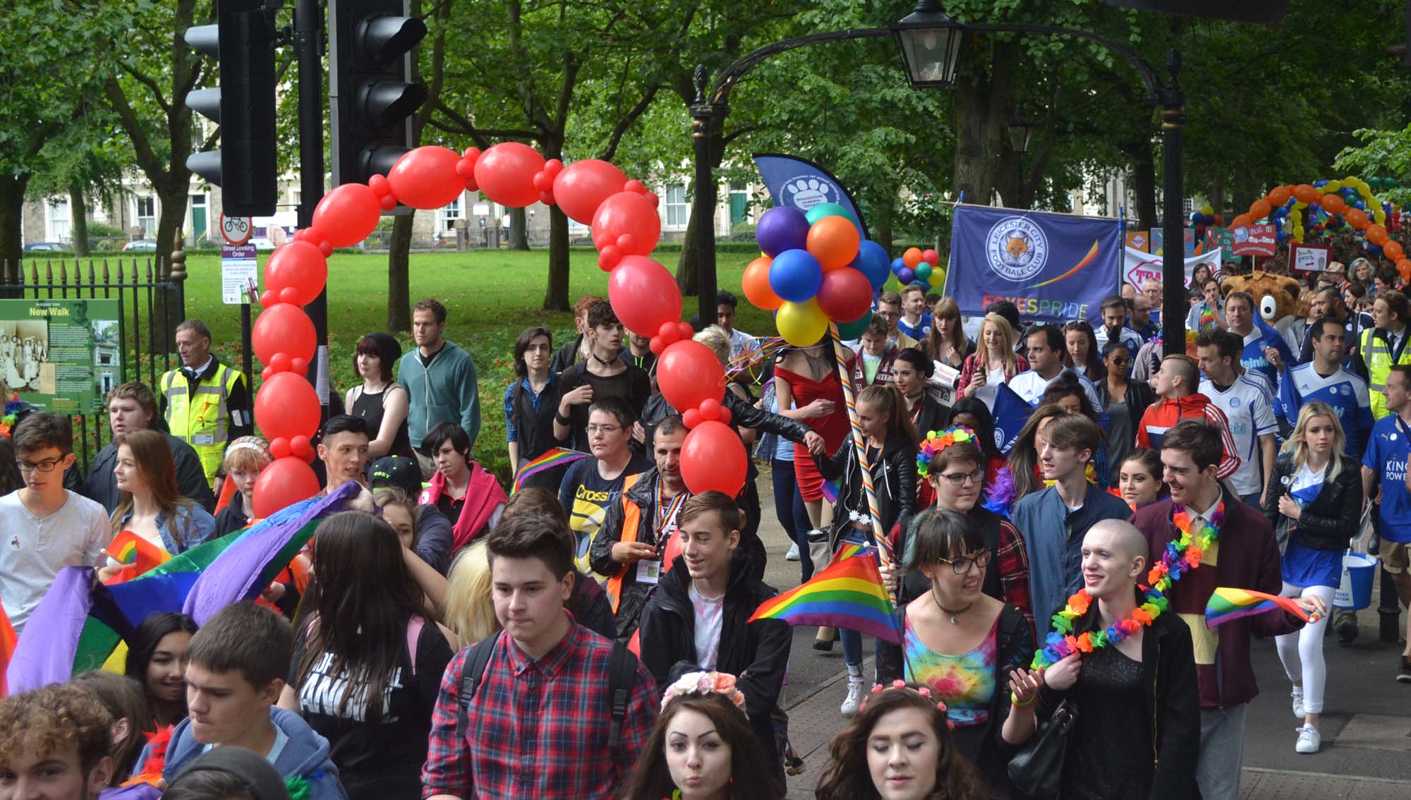 The Leicester Pride Parade making its way along New Walk -