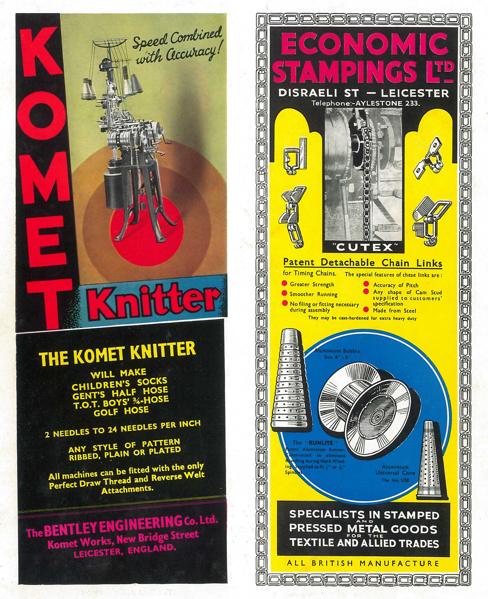 1938 adverts for Leicester based engineering companies, including a Komet knitting machine -