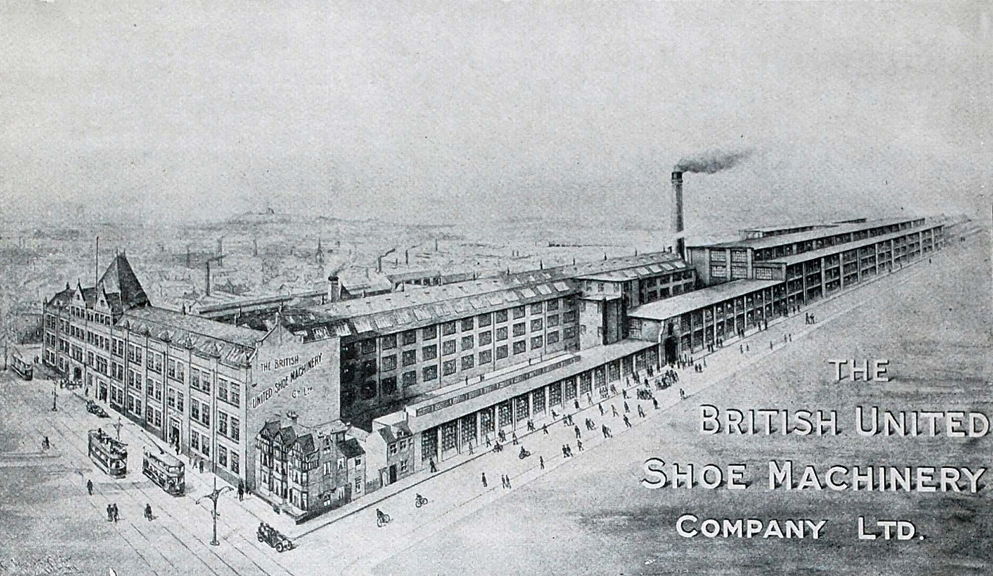 Detail of an advert for the The British United Shoe machinery Company Ltd. Showing their huge factory complex on Belgrave Road -