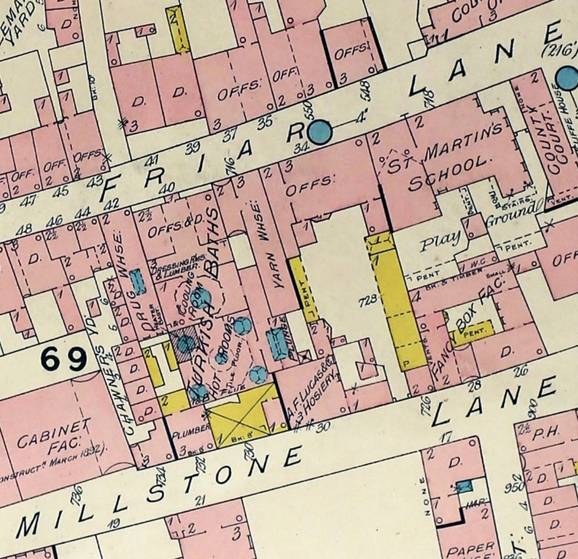 Goad’s map of 1892 showing the original floor-plan of the Turkish Baths at 40 Friar Lane - 