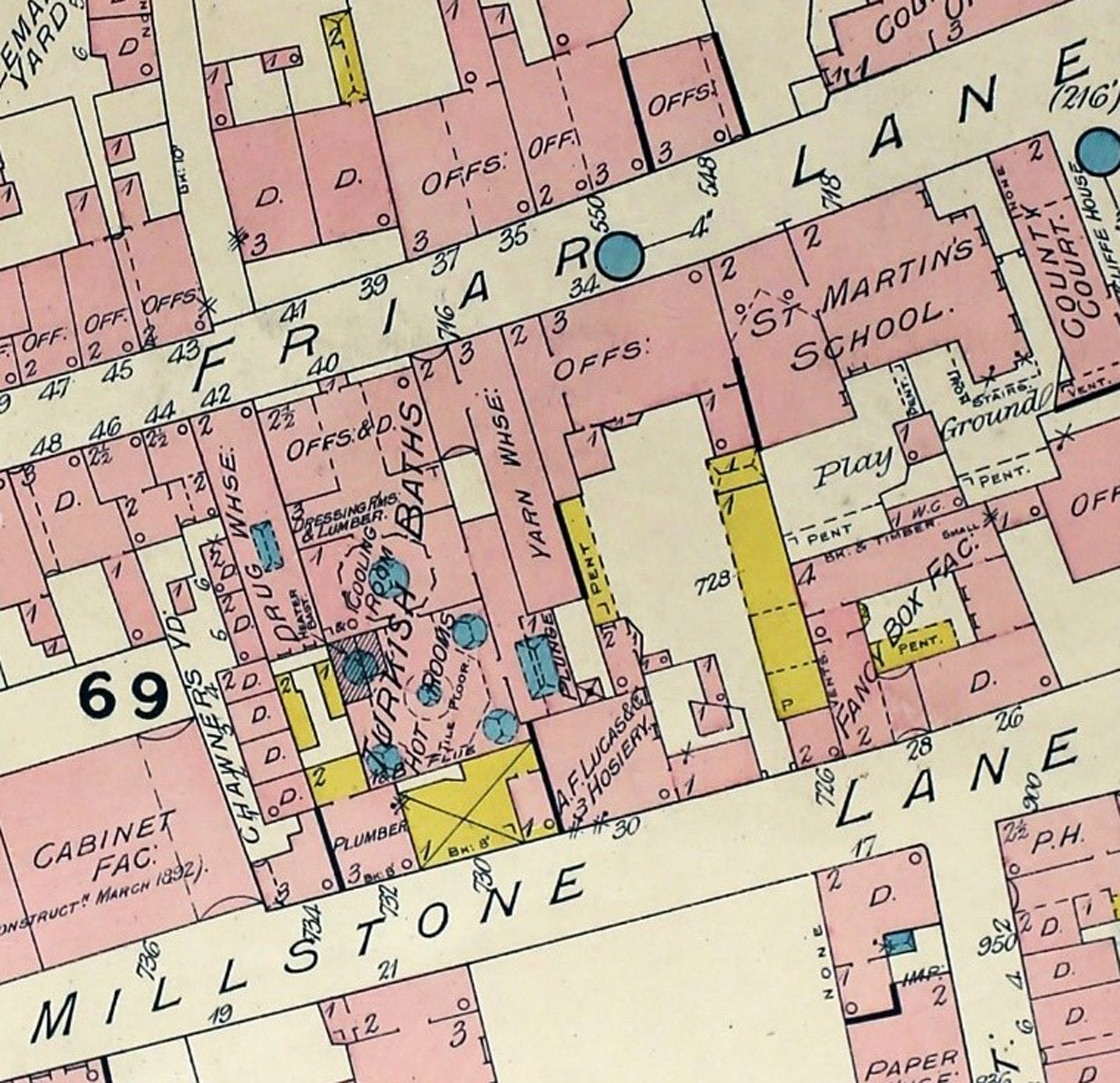 Goad’s map of 1892 showing the original floor-plan of the Turkish Baths at 40 Friar Lane -