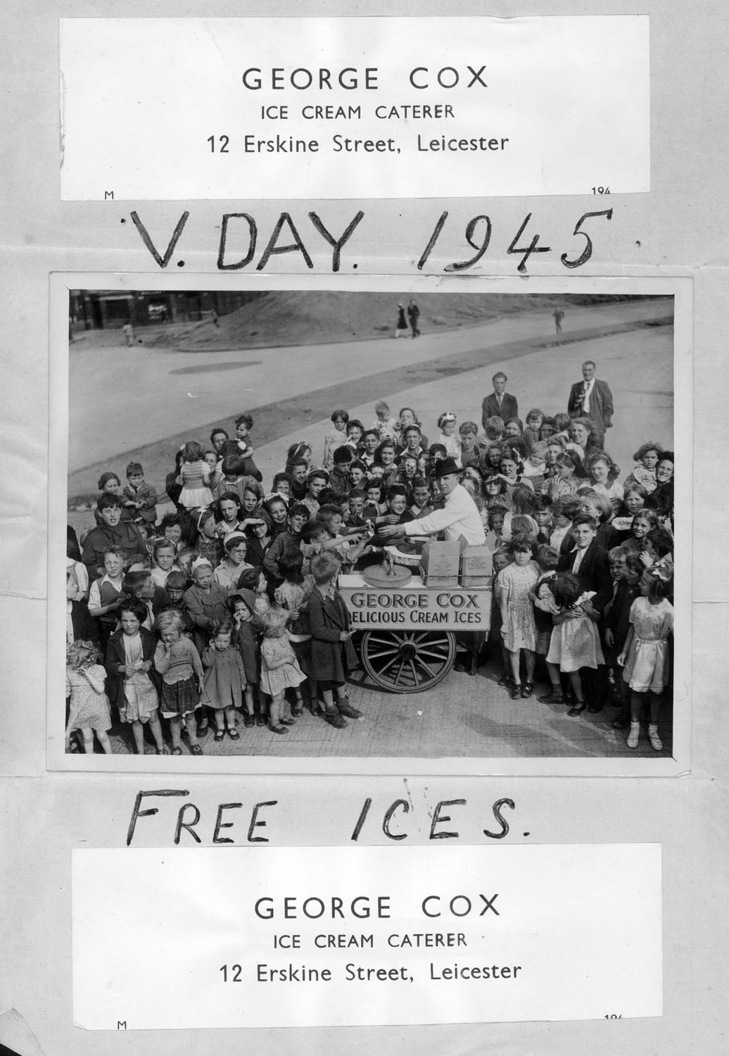 A poster advertising free ices for Victory Day. - Leicester Mercury