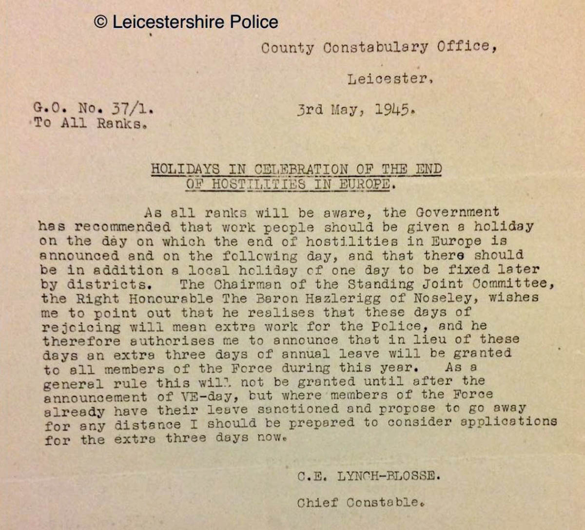 A letter from the chief constable relating to policing of VE Day celebrations - Leicestershire Police
