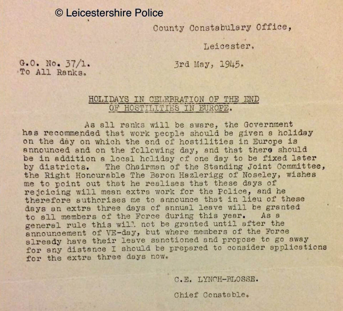 A letter from the Chief Constable of Leicester, relating to policing of Victory Day celebrations. - Leicestershire Police