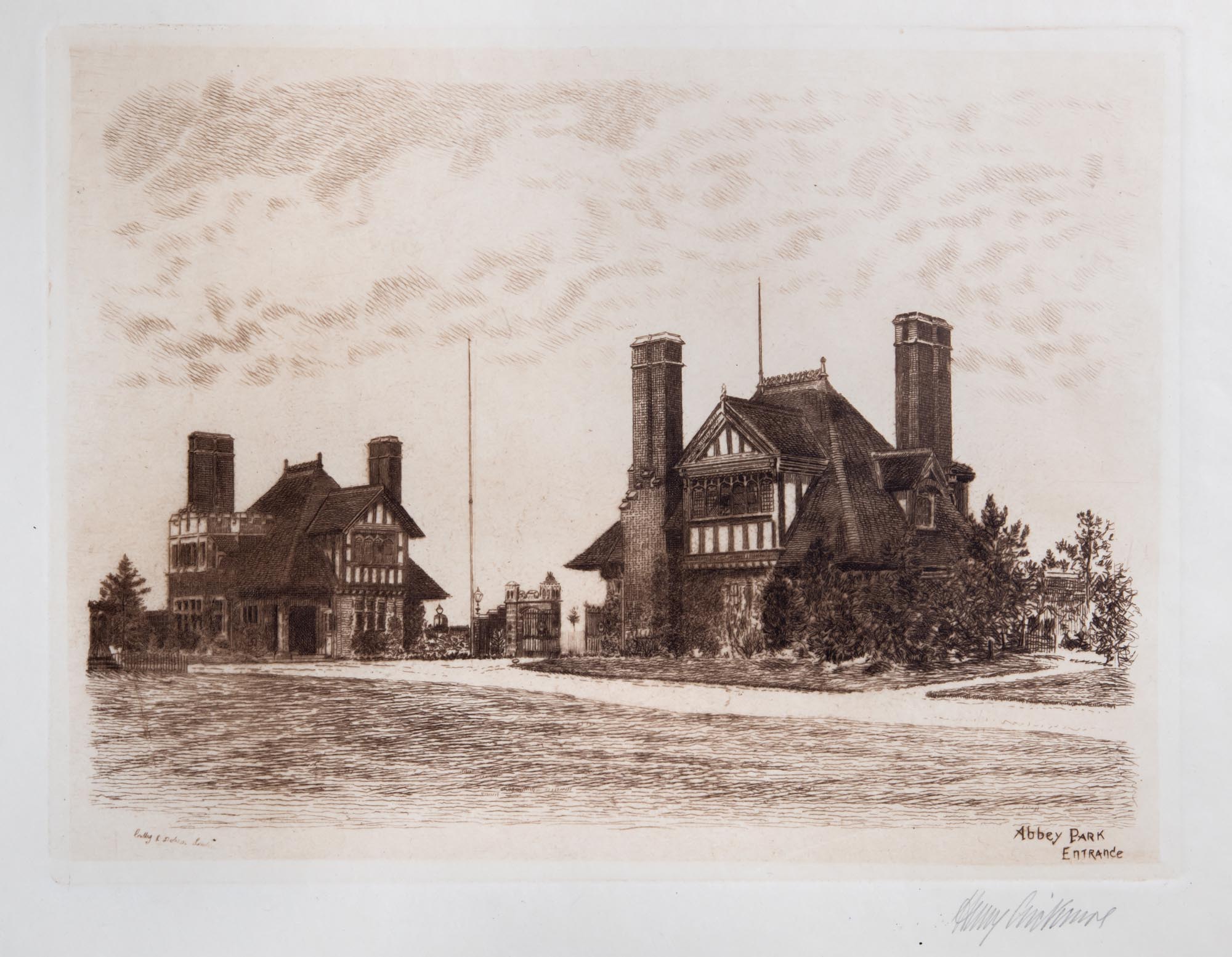 Etching of the Lodge houses at the Abbey Park Road entrance - Leicester Museums & Galleries