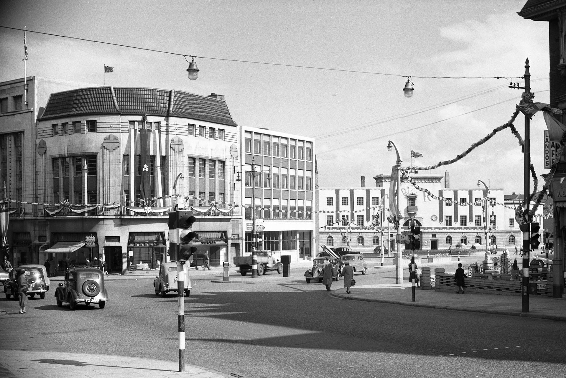 The junction of London Road and Granby Street decorated for The Queen’s coronation, 1953 -