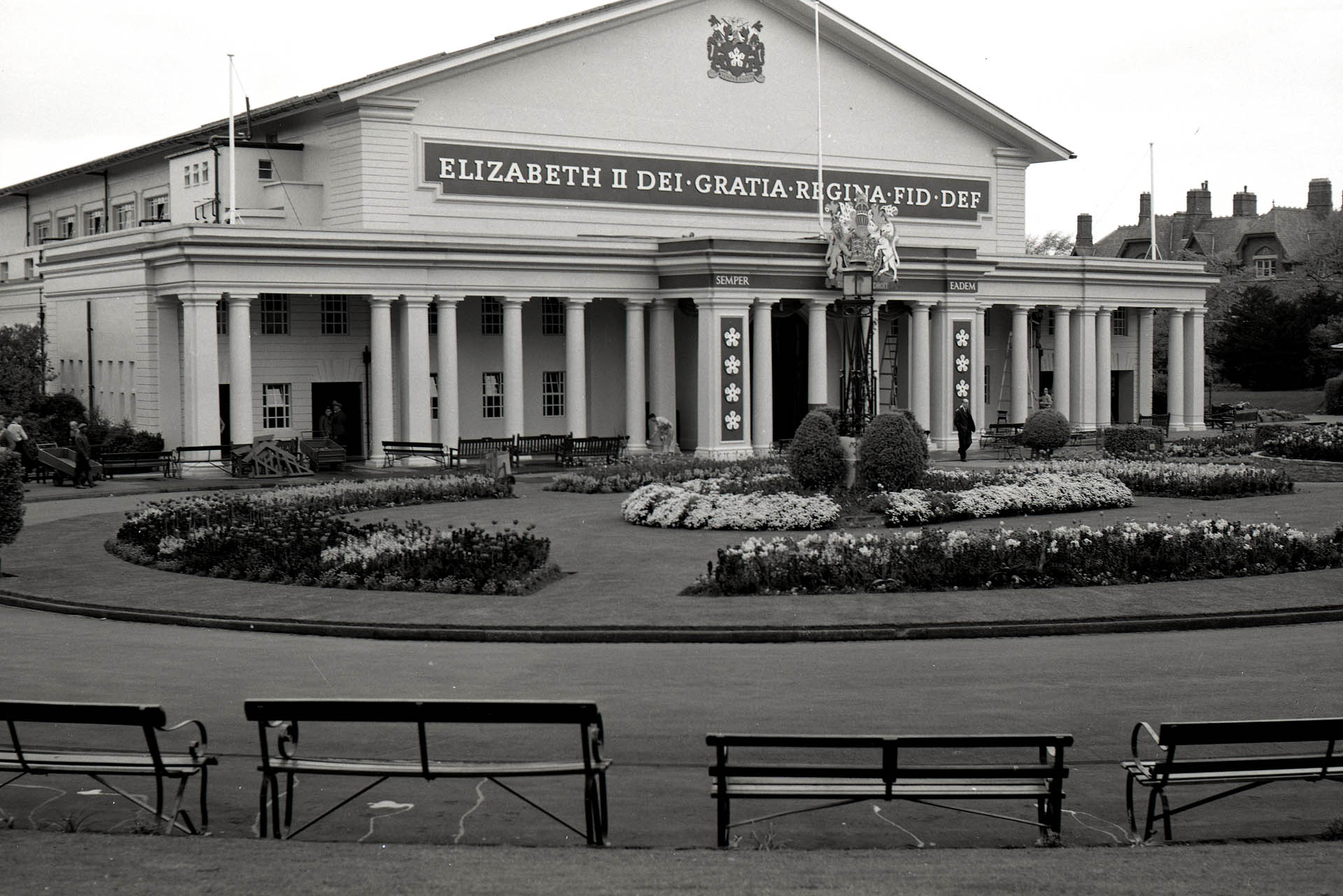 De Montfort Hall decorated for The Queens visit, 1958 -