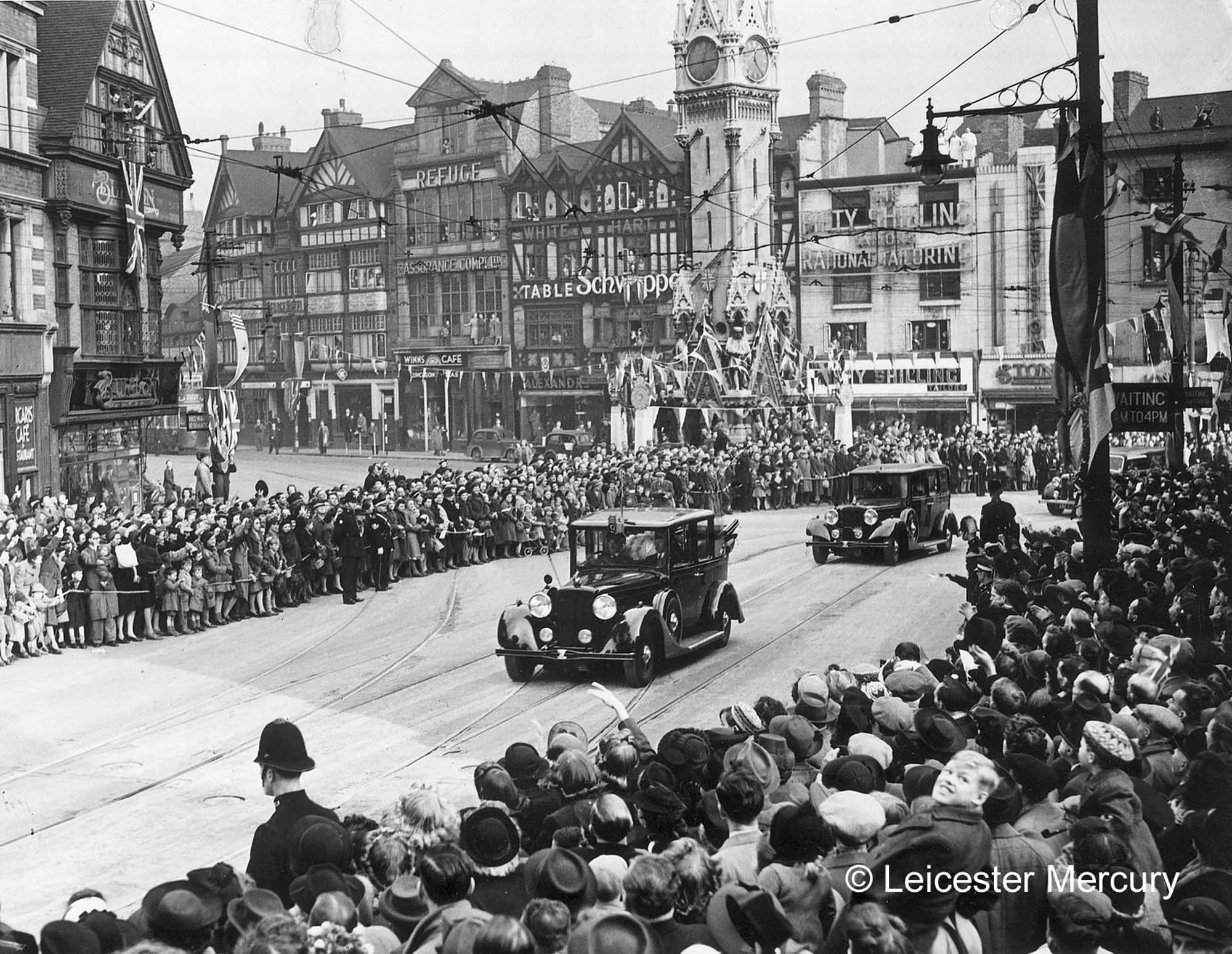 King George V passes by crowds gathered near The Clock Tower, 1919 - Leicester Mercury