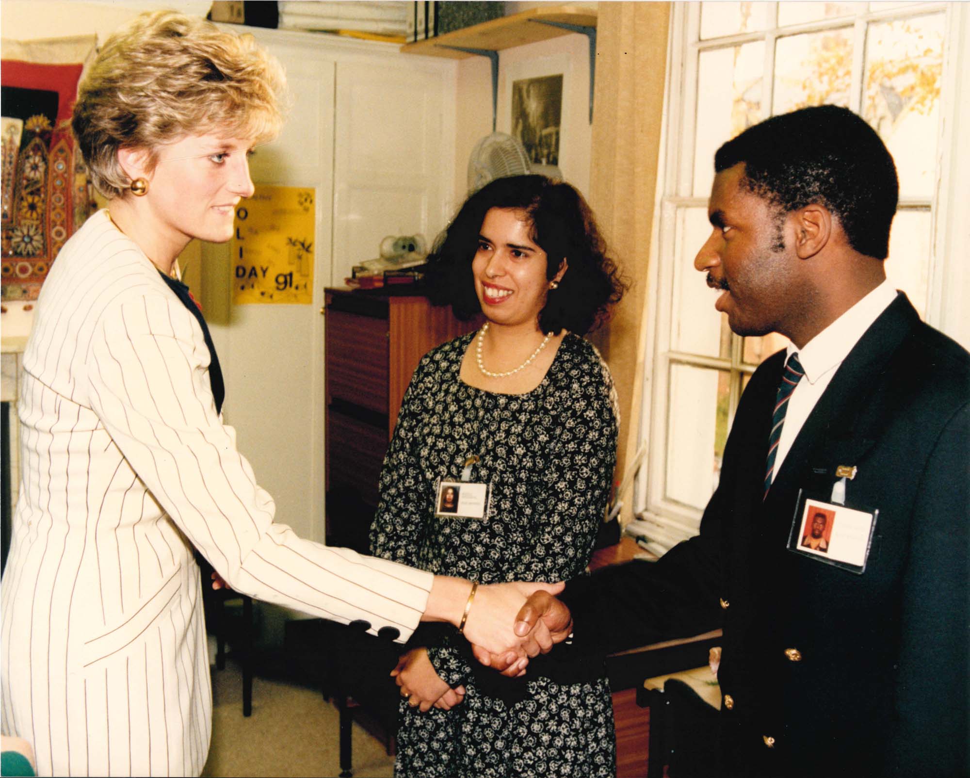 Princess Diana shaking hands with 2 LASS workers, 1991 - Leicester & Leicestershire Record Office