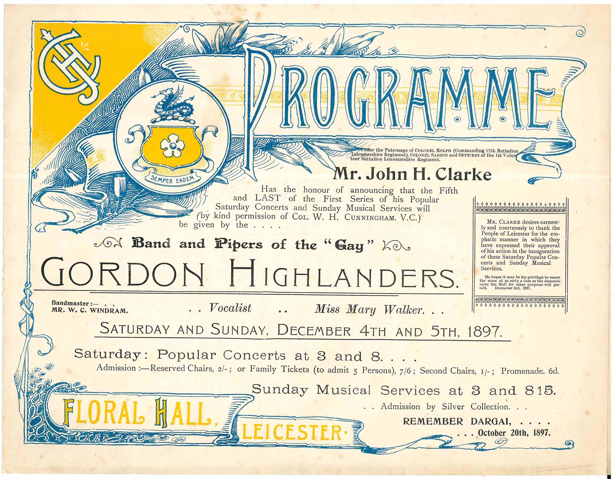 Programme for a performance at the Floral Hall, 1897 - Record Office for Leicestershire, Leicester and Rutland