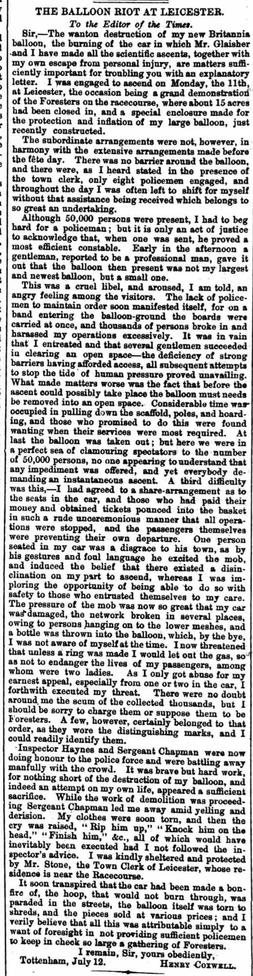 Newspaper report of Henry Coxwell’s letter to The Times - ‘THE BALLOON RIOT AT LEICESTER’, Leicester Chronicle, 16 July 1864 - 