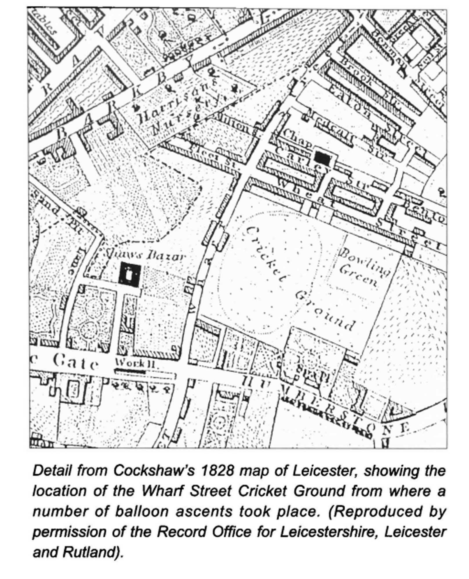 Detail from Cockshaw's 1828 map of Leicester, showing the location of the Wharf Street Cricket Ground - 