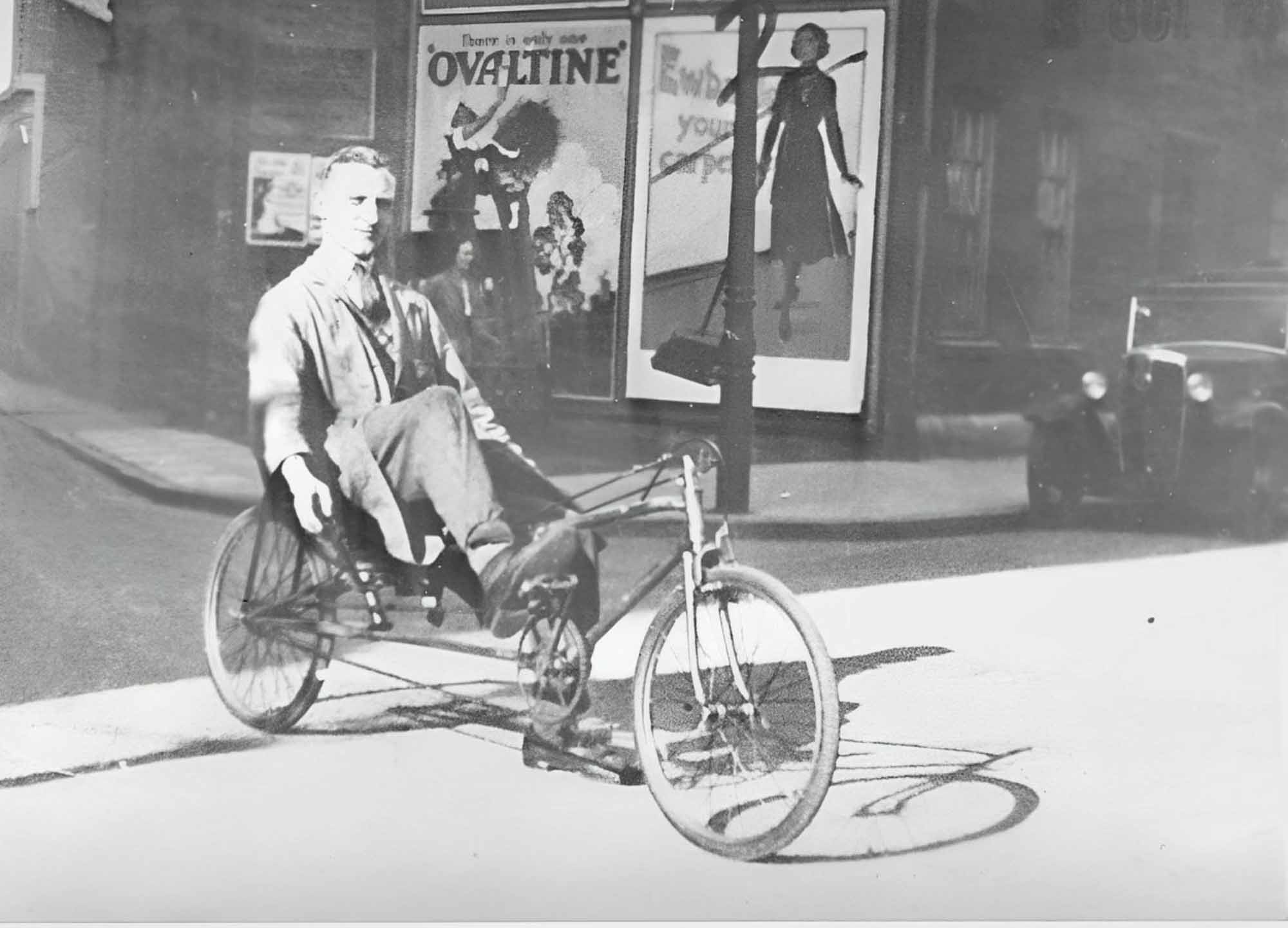 Walter Sturgess and his recumbent bicycle - Cranmer Street shop. -