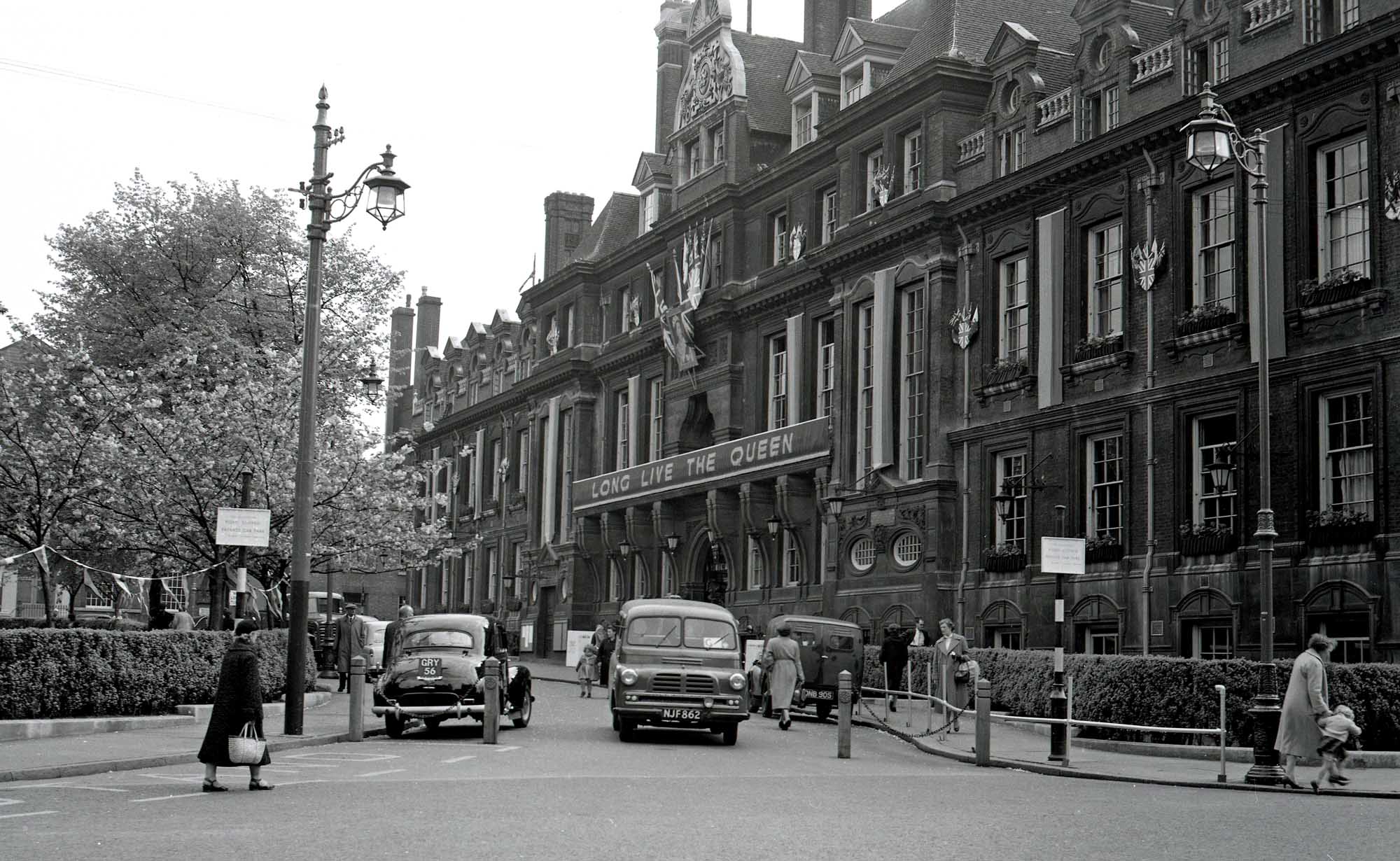 The Town Hall, decorated for Queen Elizabeth IIs visit in 1958 - 
