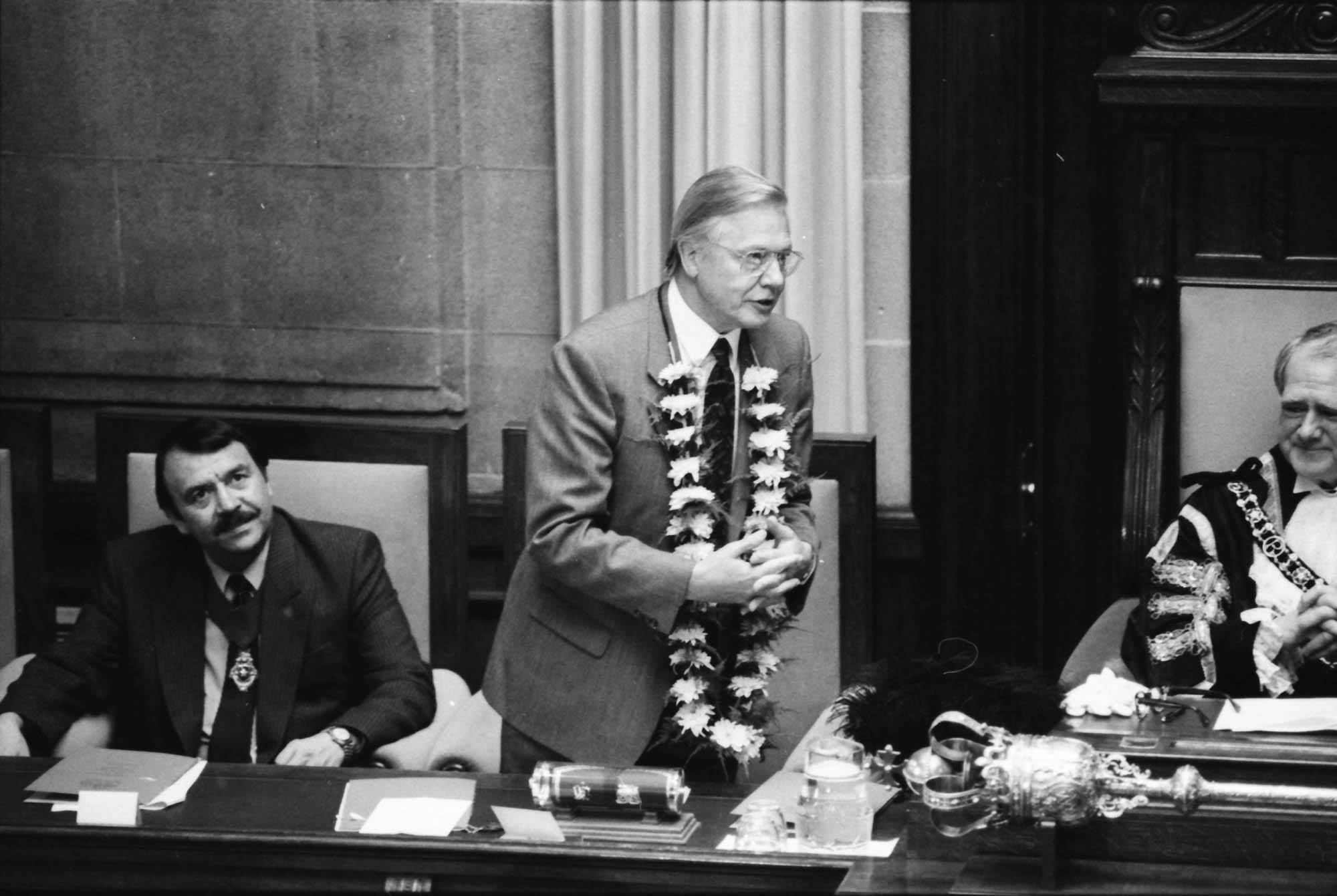 Sir David Attenborough inside the Council Chambers at Leicester Town Hall, June 1990 - 