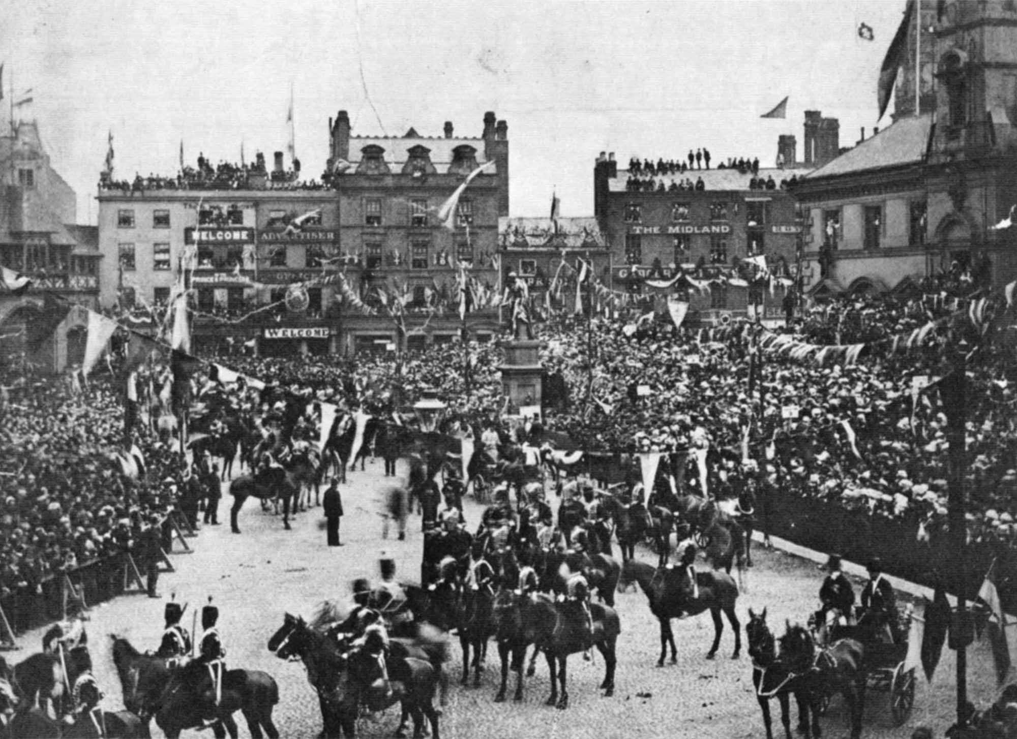 King Edward VII (then Price of Wales) visits Leicester on May 29th 1882. The Town Hall chimneys can be seen behind the buildings in the top right - 